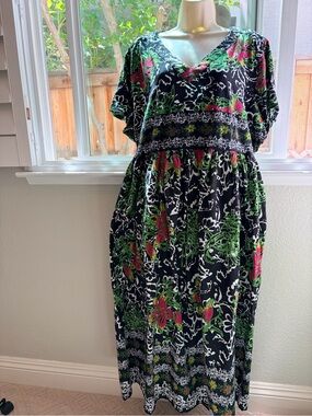 Only Necessities Black Maxi Dress with Green and Pink Floral Print